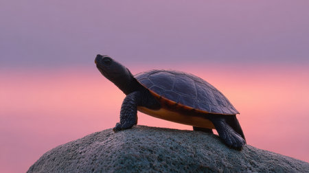 A calm turtle perches on a rock, silhouetted against a stunning sunset sky. This image captures the serene beauty of nature and marine life during dusk.の素材
