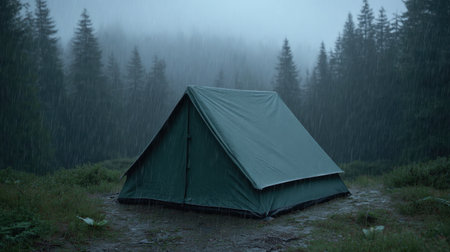 A lone tent stands resilient in a rain-soaked forest, surrounded by tall evergreen trees shrouded in mist, capturing the essence of solitude and nature's beauty.の素材