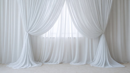 A beautiful display of elegant white sheer curtains draping gracefully over a bright window, creating a serene and airy atmosphere in a modern interior space.の素材