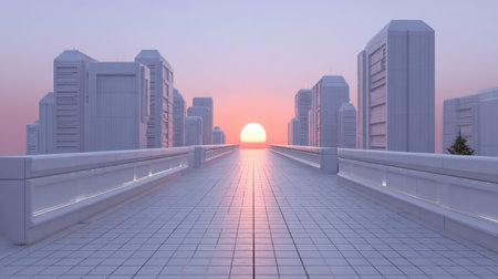 A breathtaking view of a futuristic cityscape at sunset, featuring sleek modern buildings and a smooth, reflective pathway. The vibrant colors of the sky create a serene and peaceful atmosphere, perfect for exploring urban design and technology.の素材