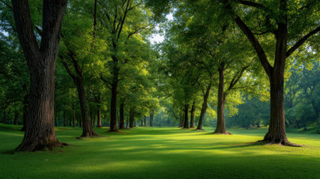 This image showcases a beautiful park filled with tall trees and lush green grass, creating a tranquil and serene atmosphere, perfect for relaxation.の素材