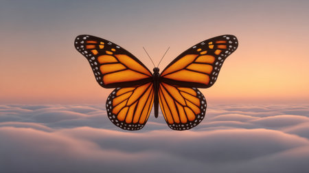 A striking image of a monarch butterfly hovering gracefully above soft clouds during a serene sunset, capturing the essence of beauty and tranquility in nature.の素材