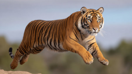 A stunning image of a tiger mid-leap, showcasing its powerful physique and striking stripes against a natural backdrop. This photograph captures the essence of wildlife in action.の素材