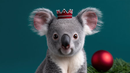 This charming image features an adorable koala wearing a tiny crown, creating a delightful and festive atmosphere perfect for holiday celebrations.の素材