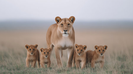 A stunning scene of a lioness and her four cubs standing together in a vast savannah, showcasing the bond between mother and offspring in the wild.の素材