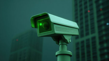 A green surveillance camera stands vigilant in an urban setting, casting an eerie glow amidst towering skyscrapers at night, emphasizing modern security technology.の素材