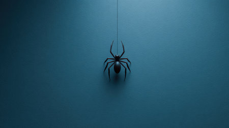 A striking image of a black spider suspended from a thin thread against a soft blue background, perfect for evoking feelings of solitude and intrigue.の素材