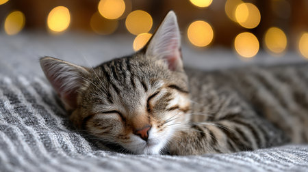 A delightful tabby cat sleeps soundly on a soft blanket, surrounded by warm bokeh lights. This serene scene captures the essence of tranquility and comfort.の素材