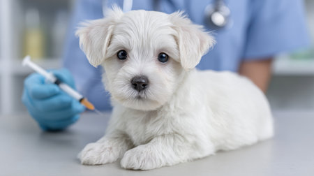 A sweet white puppy is at a veterinary clinic, appearing calm and curious while receiving an injection from a caring professional. The scene captures the essence of love and health.の素材