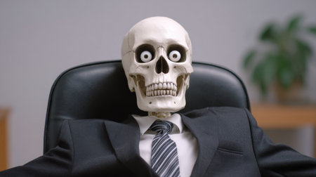 A humorous depiction of a skeleton dressed in a formal suit and tie, sitting casually in an office chair. This whimsical image captures a playful take on corporate life, blending the serious with the surreal. Perfect for themes of workplace humor and creativity.の素材