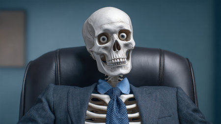 A humorous image of a skeleton dressed in a formal suit, seated in an office chair with a surprised expression, ideal for creative and educational uses.の素材
