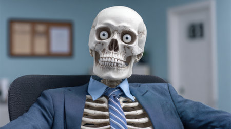A humorous depiction of a skeleton dressed in a business suit seated at a desk, creating an amusing contrast in a professional office space. Perfect for lighthearted projects.の素材