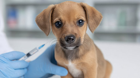 A heartwarming image of a cute puppy receiving a vaccination from a caring veterinarian in a modern clinic. The close-up captures the dedication to animal health and wellbeing.の素材