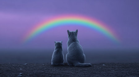 Two gray cats sit side by side, gazing at a beautiful rainbow against a dusky sky. This enchanting scene captures the bond of companionship and the beauty of nature.の素材