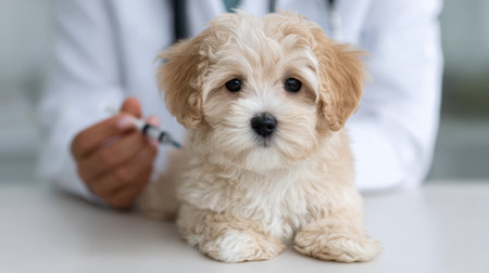 A cute fluffy puppy sits calmly while receiving a vaccination from a caring veterinarian in a bright and welcoming clinic setting, highlighting the importance of animal health and care.の素材