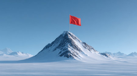 A striking image of a red flag waving atop a snowy mountain summit, representing achievement and adventure in a vast winter landscape filled with tranquility and beauty.の素材