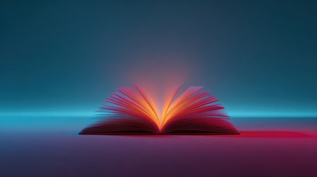 An artistic representation of an open book with glowing pages, set against an abstract light background, symbolizing creativity and imagination.の素材