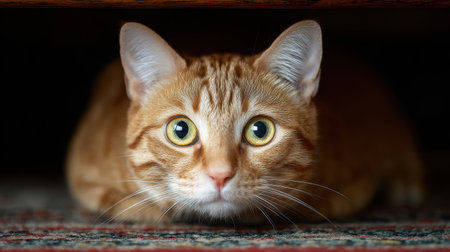 This captivating close-up showcases a curious ginger cat hiding under furniture, featuring wide, expressive eyes and soft fur. Perfect for animal lovers.の素材