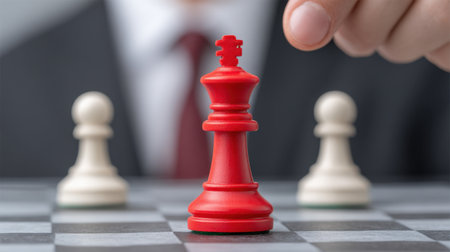 A dynamic business scene featuring a red king chess piece surrounded by two pawns, highlighting strategic decision-making and the spirit of competition in professional environments.の素材