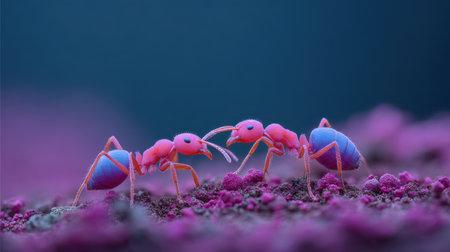 This captivating close-up features pink ants interacting on a vibrant purple surface, showcasing their intricate details and colors in a micro nature environment.の素材
