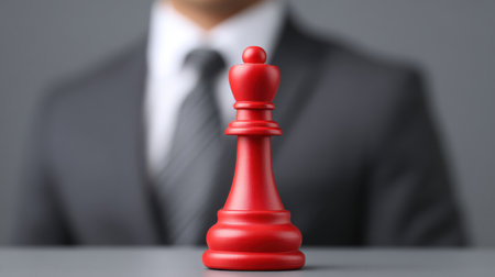 This image displays a red chess king piece prominently in the foreground, symbolizing strategy, leadership, and decision-making, set against a blurred businessman background, embodying a professional atmosphere.の素材
