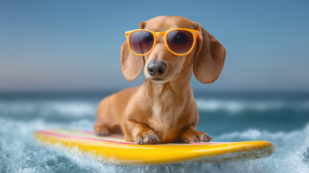 A charming dog wearing stylish sunglasses rides a surfboard on waves, embodying fun and relaxation on a vibrant beach day under clear skies.の素材