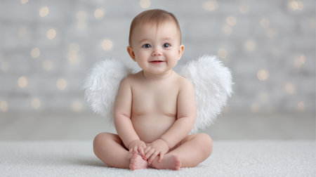 This delightful image features a charming baby sitting with angel wings, radiating innocence and joy. The twinkling background adds a magical touch to the serene scene.の素材