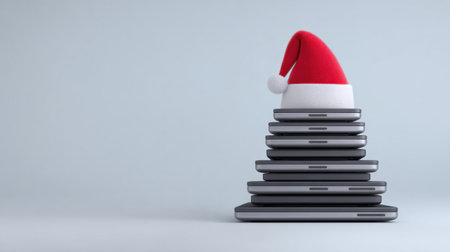 A playful arrangement featuring a festive Christmas hat on a stack of modern smartphones, perfect for holiday marketing, tech promotions, and creative seasonal concepts.の素材