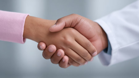 A close-up image showcasing a handshake between a doctor and patient, symbolizing trust, partnership, and collaboration in the healthcare environment.の素材