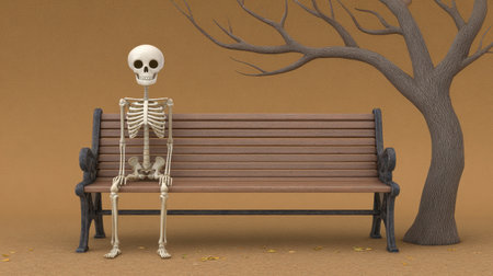 A whimsical illustration of a skeleton sitting on a park bench beside a tree, set against a warm brown background, capturing a playful autumn scene.の素材
