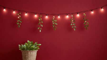 Enhance your interior with this captivating scene of string lights illuminating green plants against a rich red wall, creating a warm and inviting atmosphere.の素材