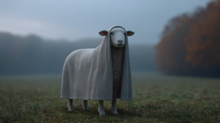 A serene image of a sheep draped in a cozy blanket stands in a misty meadow, surrounded by autumn trees, capturing tranquil rural beauty at dawn.の素材