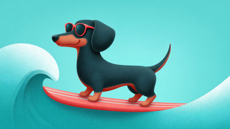 This vibrant cartoon illustration features a playful dachshund surfing on a wave while wearing stylish sunglasses, evoking a sense of fun and summer joy.の素材