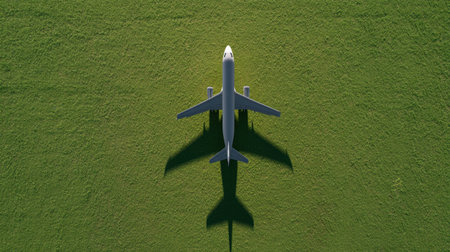This stunning aerial image showcases an airplane resting on a vibrant green field, perfect for conveying themes of travel, adventure, and exploration.の素材