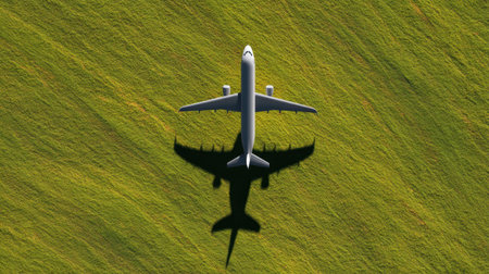 This aerial image showcases an aircraft on a vibrant green grass field, casting a clear shadow beneath. The bright lighting adds to the lively atmosphere, perfect for themes of travel.の素材
