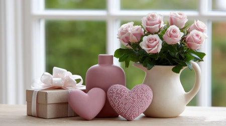 A beautiful display of pink roses arranged in a charming vase beside heart-shaped decorations and a gift box on a wooden table. Perfect for love and celebration themes.の素材