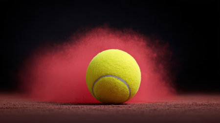 A vivid yellow tennis ball is captured mid-motion, creating an explosion of vibrant red dust on the brown clay court, showcasing energy and excitement.の素材