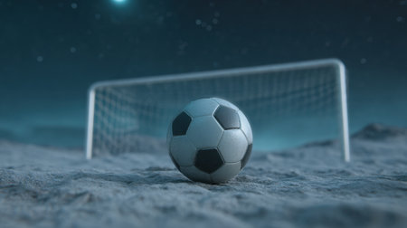 A captivating soccer ball resting on a textured lunar surface, with a goalpost in the background, creating a unique and imaginative night scene.の素材