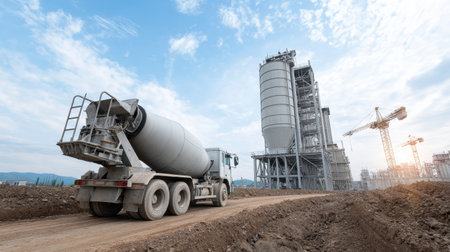 A concrete mixer truck is parked on a construction site with industrial machinery visible under a blue sky, showcasing the progress of urban development.の素材