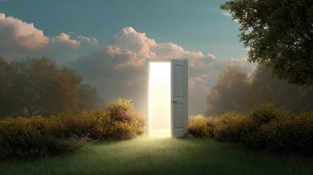 A captivating scene of an open door set against a vivid landscape, radiating light and surrounded by blooming flowers and lush greenery, symbolizing hope and new beginnings.の素材
