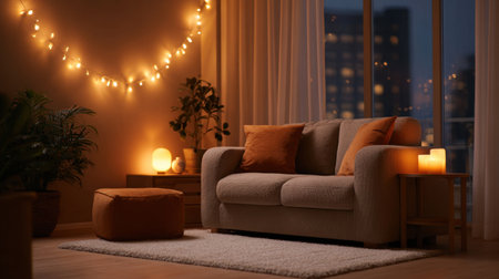 This inviting living room features soft lighting, comfortable furniture, and stylish decor, creating a peaceful atmosphere perfect for relaxation at night.の素材