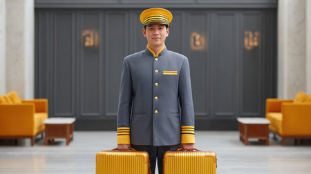 A professional hotel bellhop stands proudly in a luxury lobby, holding bright yellow suitcases, symbolizing exceptional guest service and elegance.の素材