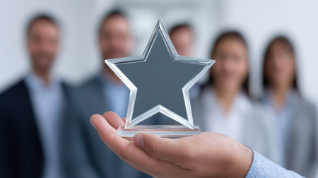 A close-up view of a person holding a glass star award, symbolizing success and achievement, with a blurred business team in the background celebrating their collective victory.の素材