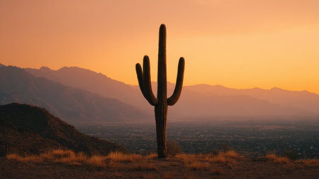 A stunning silhouette of a saguaro cactus stands prominently against a colorful sunset, highlighting the serene beauty of the Arizona desert landscape.の素材