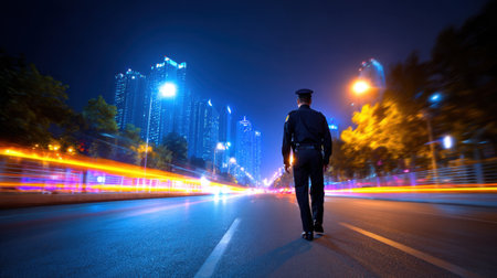 A police officer walks alone on an empty street at night, creating a serene atmosphere amidst a vibrant urban landscape filled with city lights.の素材