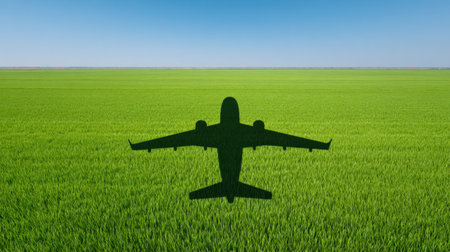 The image captures the striking shadow of an airplane crossing a lush green field under a clear blue sky. It symbolizes the intersection of nature and air travel.の素材