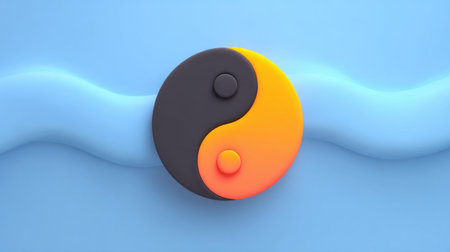 This artistic image features a vibrant yin yang symbol set against a smooth blue background, representing balance and harmony through its modern design.の素材