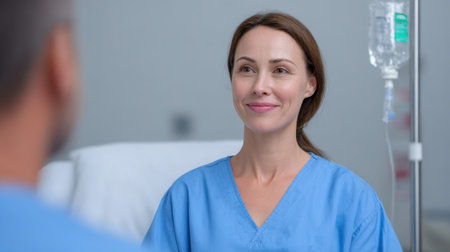 A cheerful patient smiles while receiving care in a modern hospital environment, showcasing support and compassion from healthcare professionals.の素材