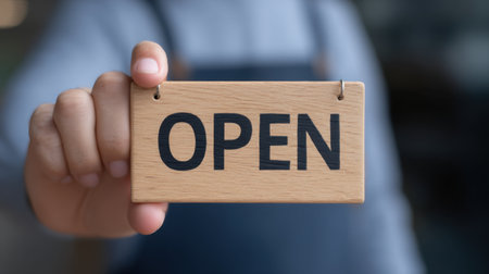 A close-up view of a person holding a wooden "Open" sign, showcasing a welcoming atmosphere for customers in a cafe or shopping environment.の素材
