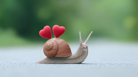 A charming snail adorned with bright red hearts rests on a soft surface, symbolizing love and tranquility in a lush green outdoor backdrop.の素材